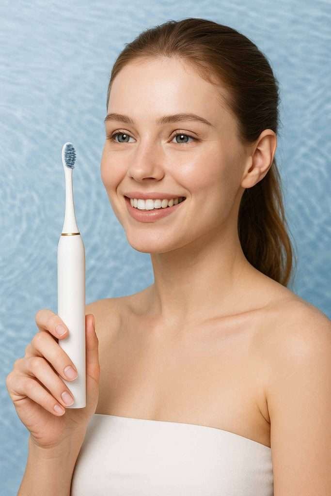 Ragazza felice con lo spazzolino sonico X-Brush