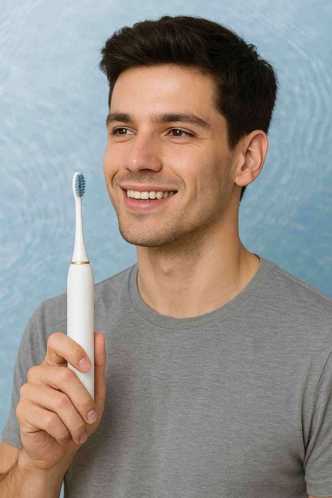 Ragazzo felice con X-Brush, spazzolino sonico