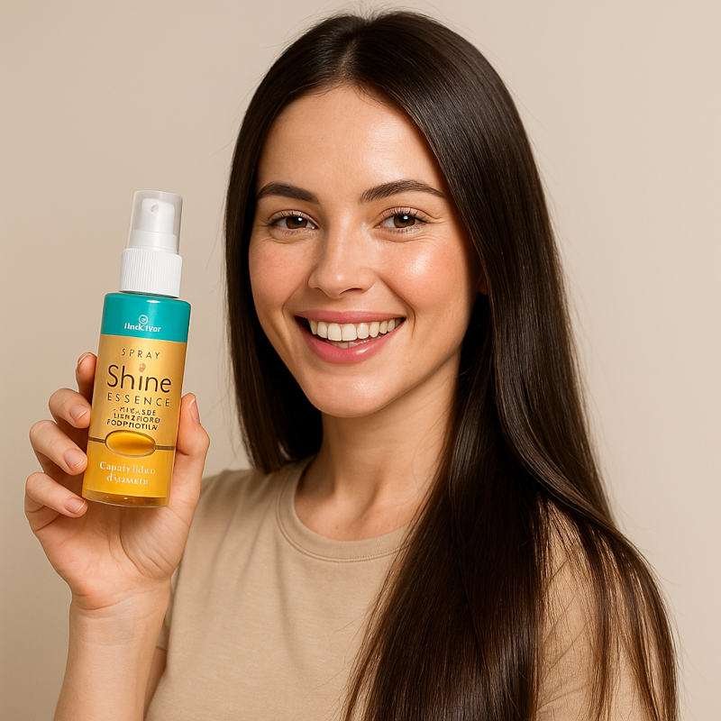 ragazza felice con l'olio illuminante per capelli Shine Essence