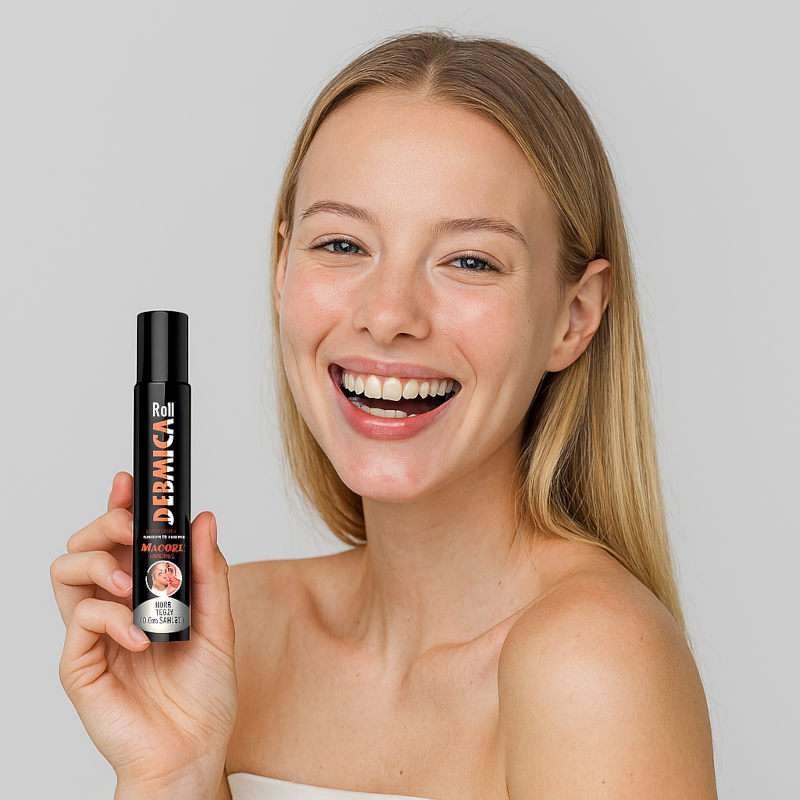 Ragazza felice con in mano Dermica Roll, dermaroller viso