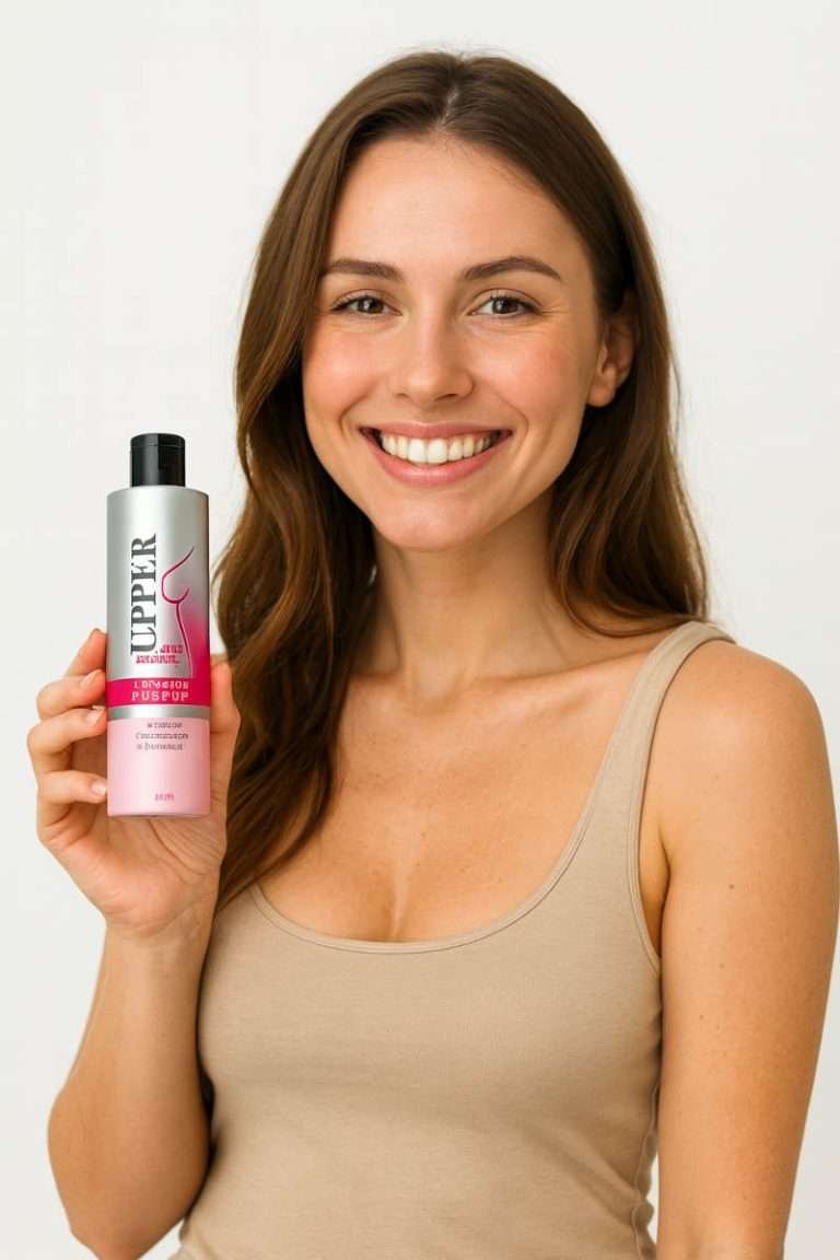 Ragazza felice con in mano Upper , la crema rassodante seno